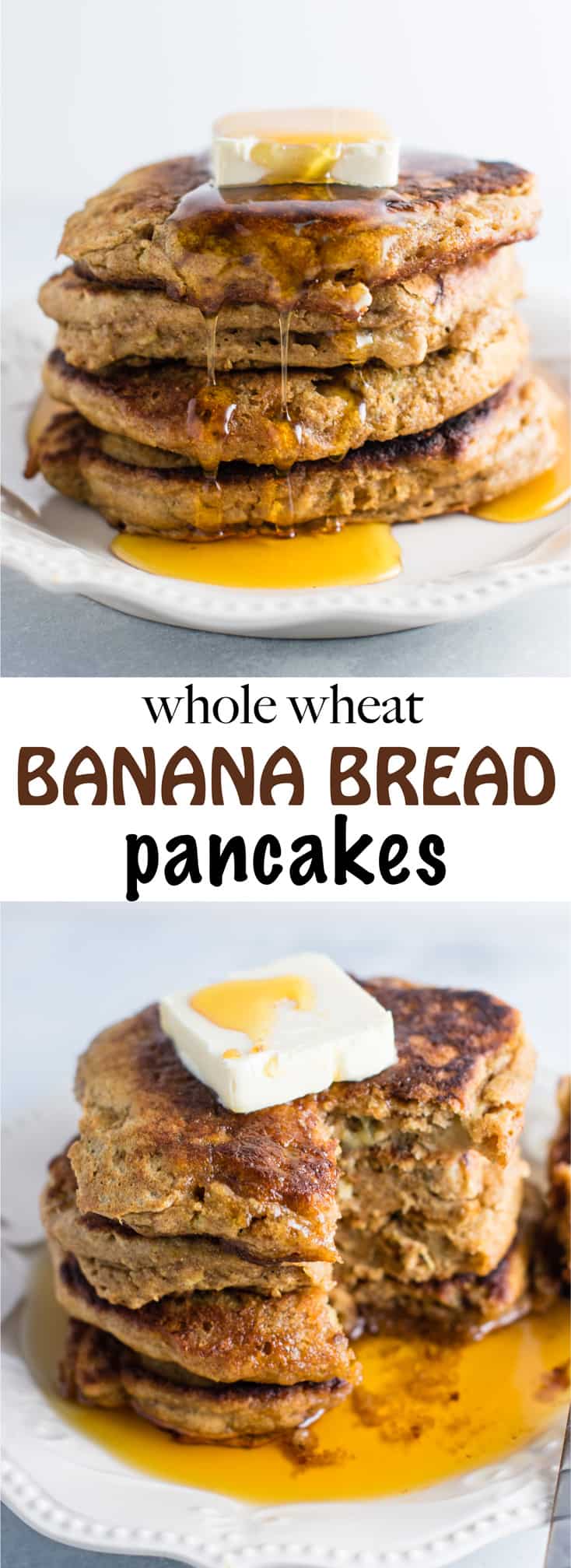 Healthy banana bread pancakes made with greek yogurt and whole wheat flour. These are amazing! #healthy #breakfast #bananabread #bananapancakes #pancakes #greekyogurt #wholewheat