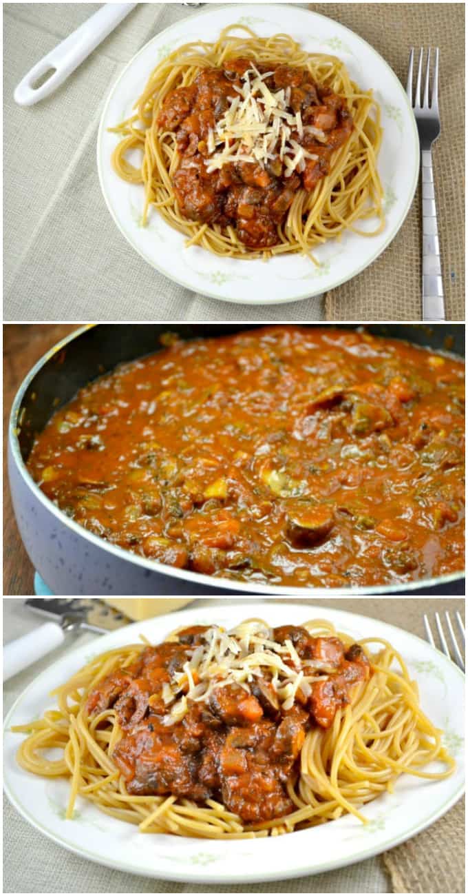 easy meatless spaghetti sauce with whole wheat pasta - easy and healthy vegetarian dinner! #meatless #spaghetti #dinner #healthy #spaghettisauce