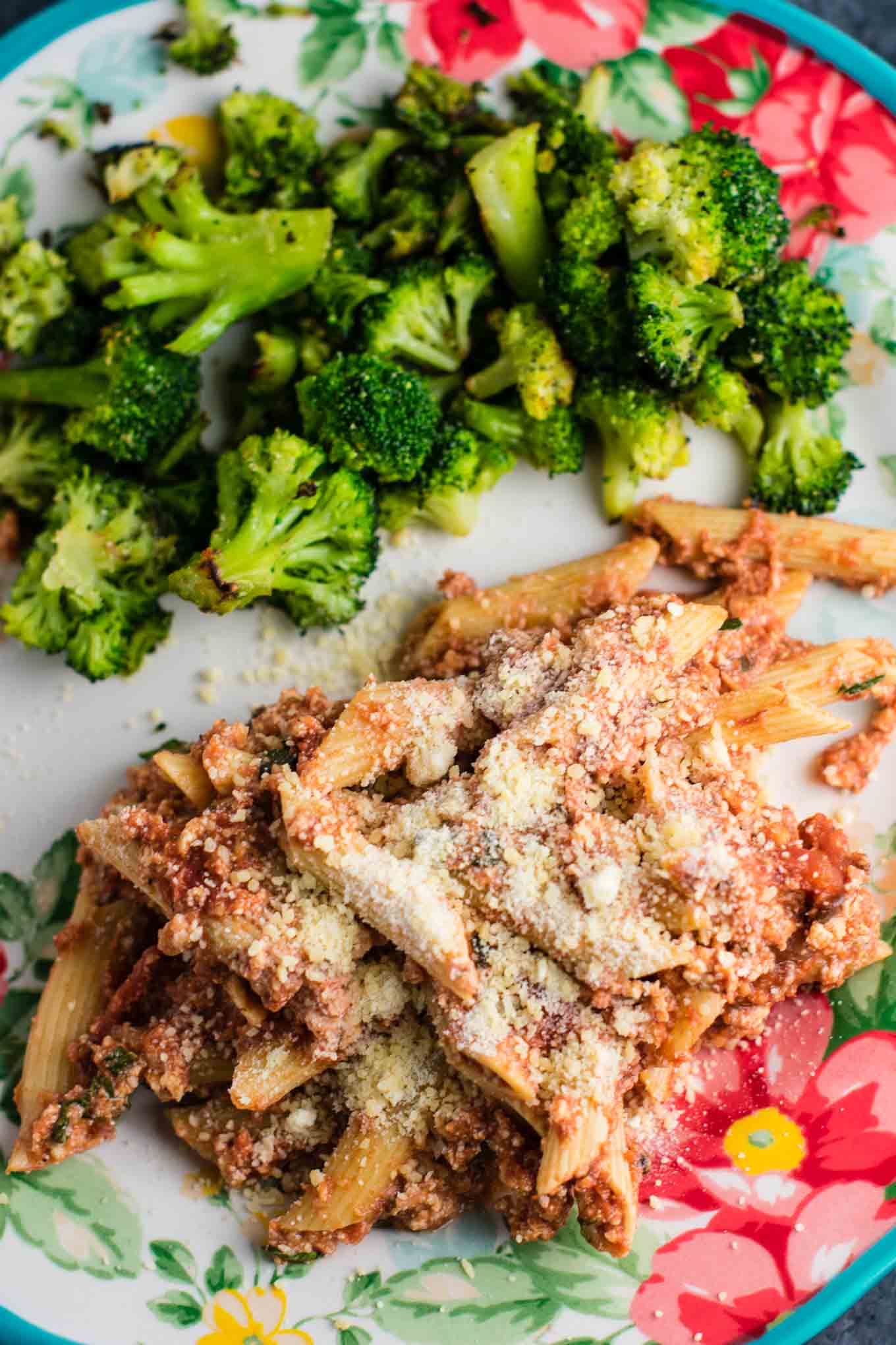 crock pot ziti and roasted broccoli on a plate