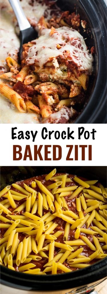 This Easy Crockpot Baked Ziti gets RAVE reviews. Everyone loves this when I make it! So simple to assemble and you don’t even have to cook the noodles first! #crockpotbakedziti #ziti #pasta #slowcooker