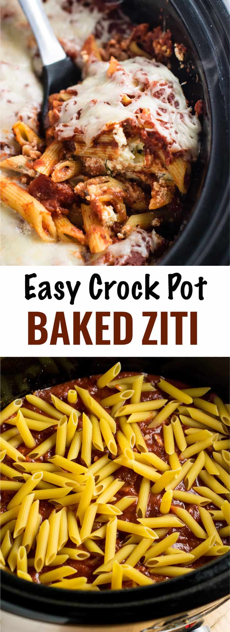 This Easy Crockpot Baked Ziti gets RAVE reviews. Everyone loves this when I make it! So simple to assemble and you don’t even have to cook the noodles first! #crockpotbakedziti #ziti #pasta #slowcooker