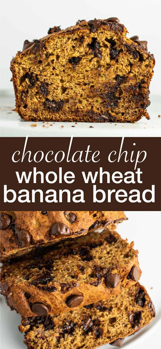 The BEST whole wheat chocolate chip banana bread – full of wholesome ingredients and NO OIL or dairy! Everyone loves it when I bake this! #wholewheat #bananabreaad 