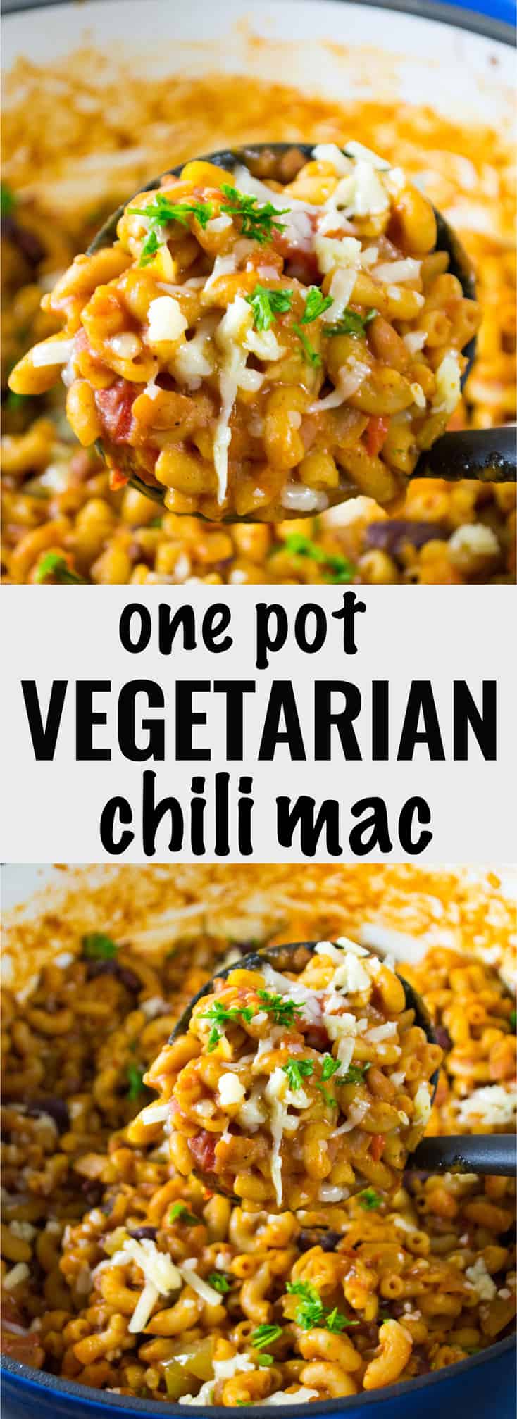 Easy One pot chili mac recipe that comes together in less than 30 minutes. Rave reviews on pinterest! #vegetarian #chilimac #meatless #dinner
