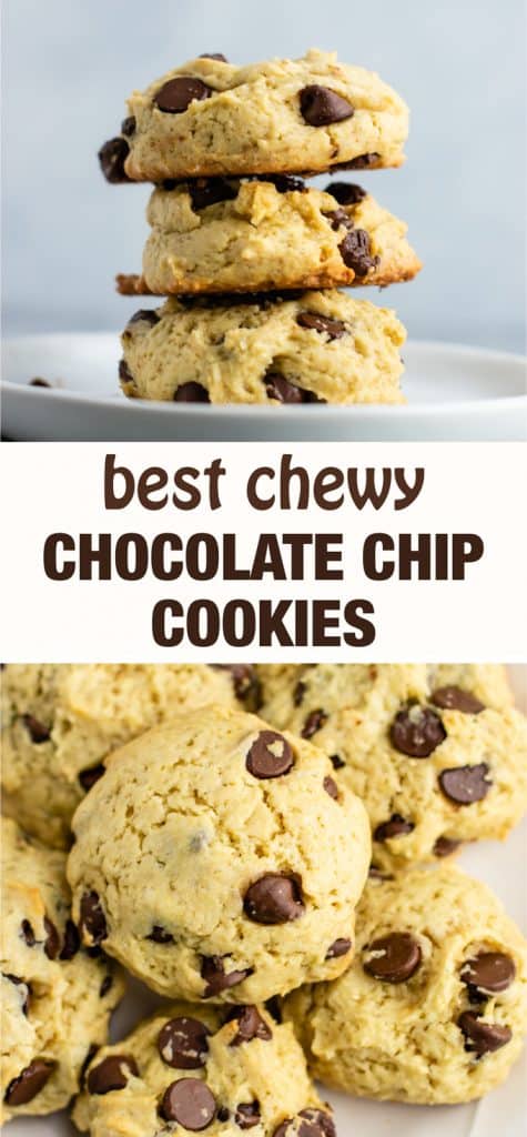The best chewy chocolate chip cookies made with applesauce. Soft and fluffy even after they are cooled! #chocolatechipcookies #chewy #dessert #applesauce