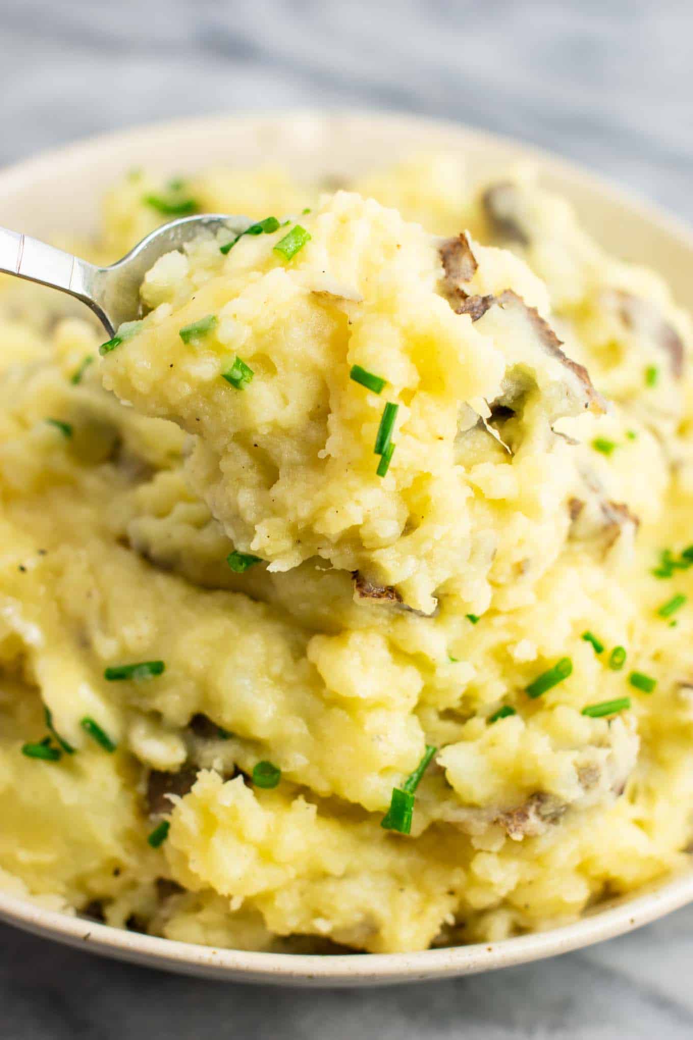 up close mashed potatoes with chives