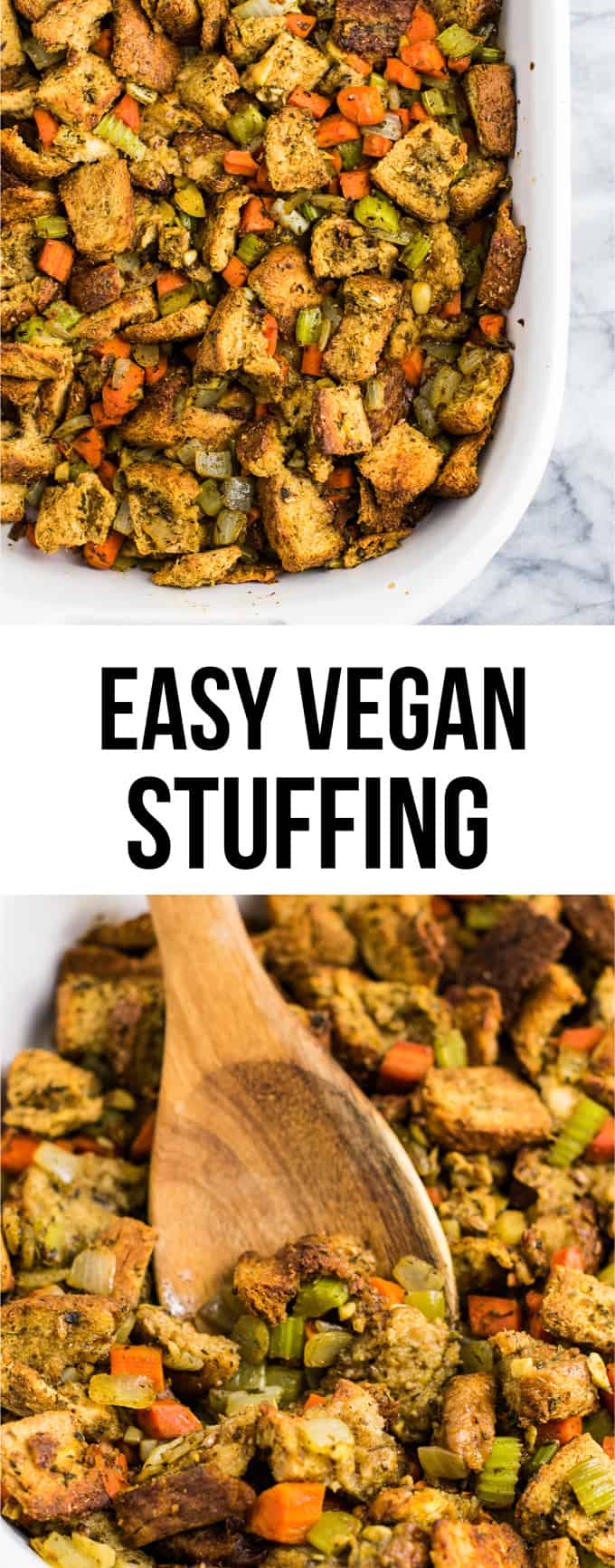 Het beste veganistische vullingrecept - met knoflook, ui, wortels, selderij en salie. Dit smaakt geweldig en iedereen is er gek op! #vegan #stuffing #thanksgiving #veganrecipe #vegetarian #thanksgivingstuffing #glutenfree