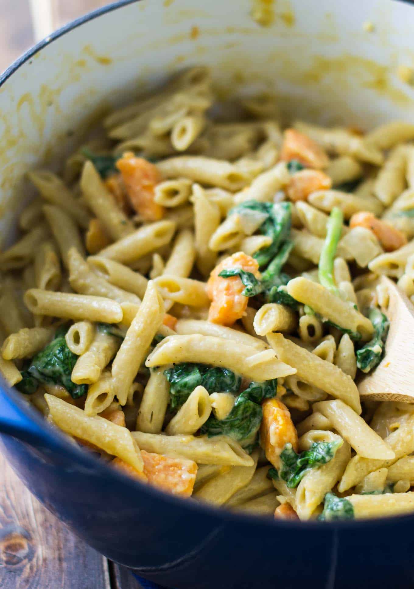 one pot sweet potato and spinach pasta