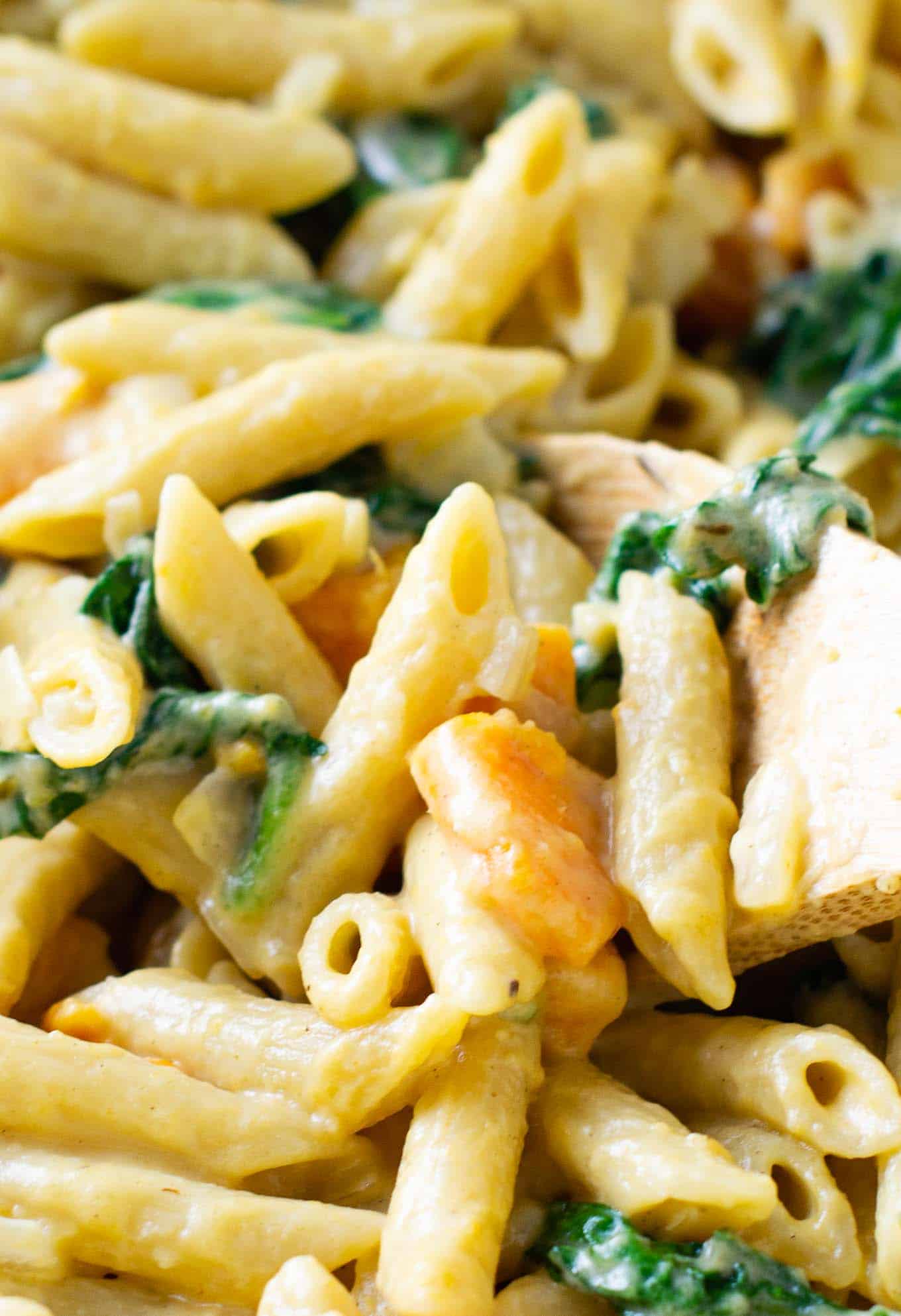 penne with cream sauce, sweet potato, and spinach