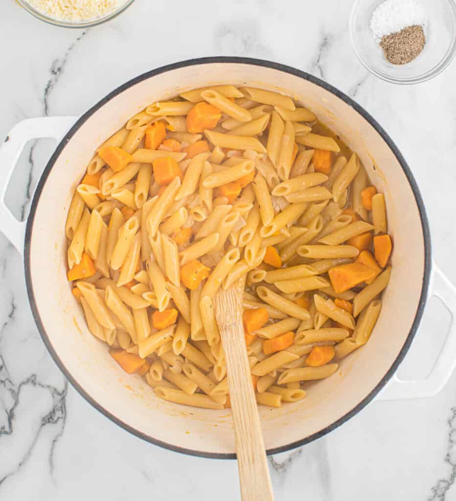 sweet potato pasta being stirred