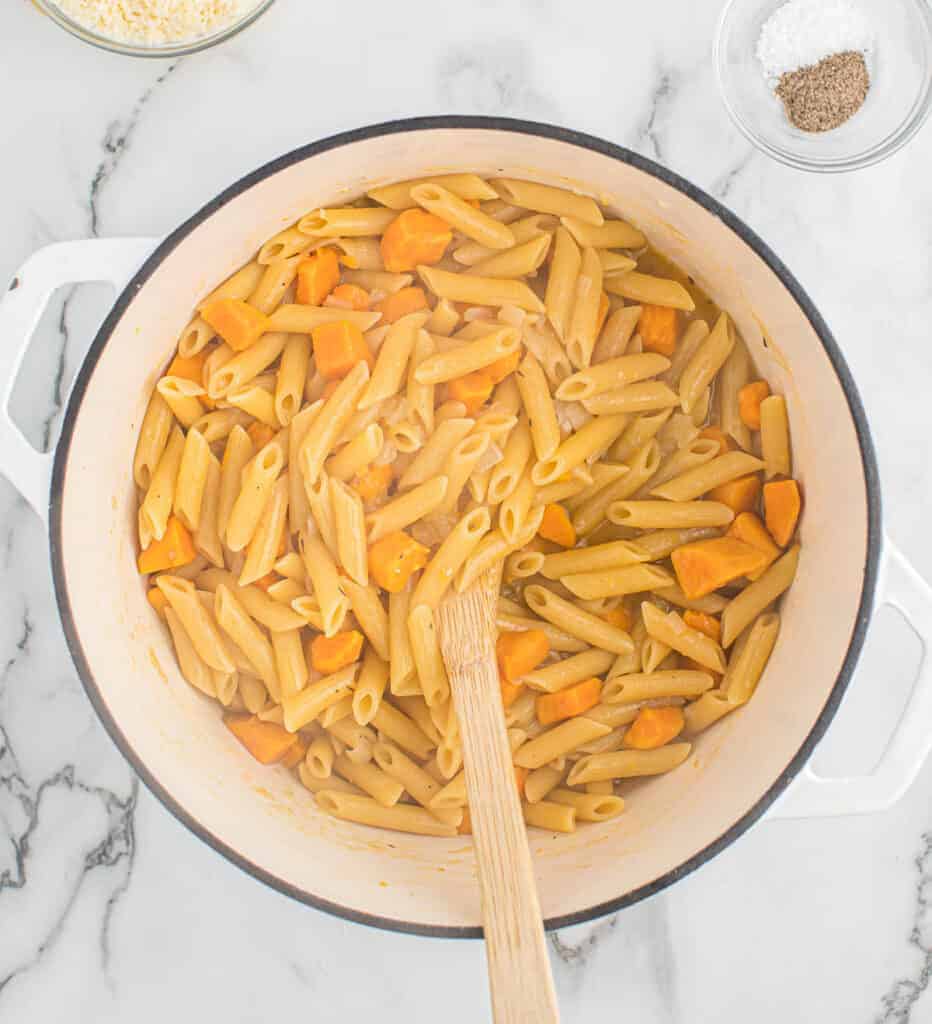 sweet potato pasta being stirred