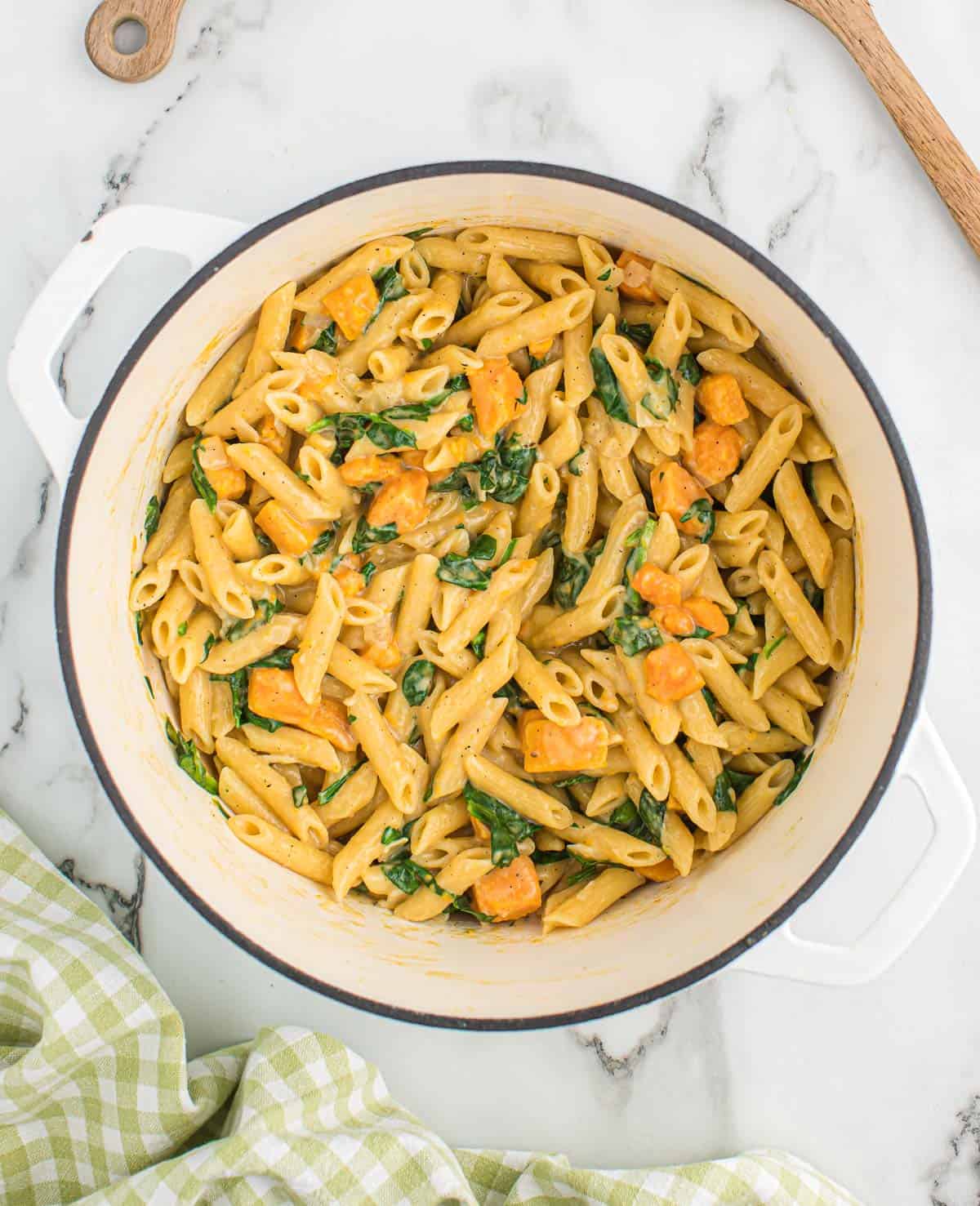 sweet potato pasta in a white dutch oven