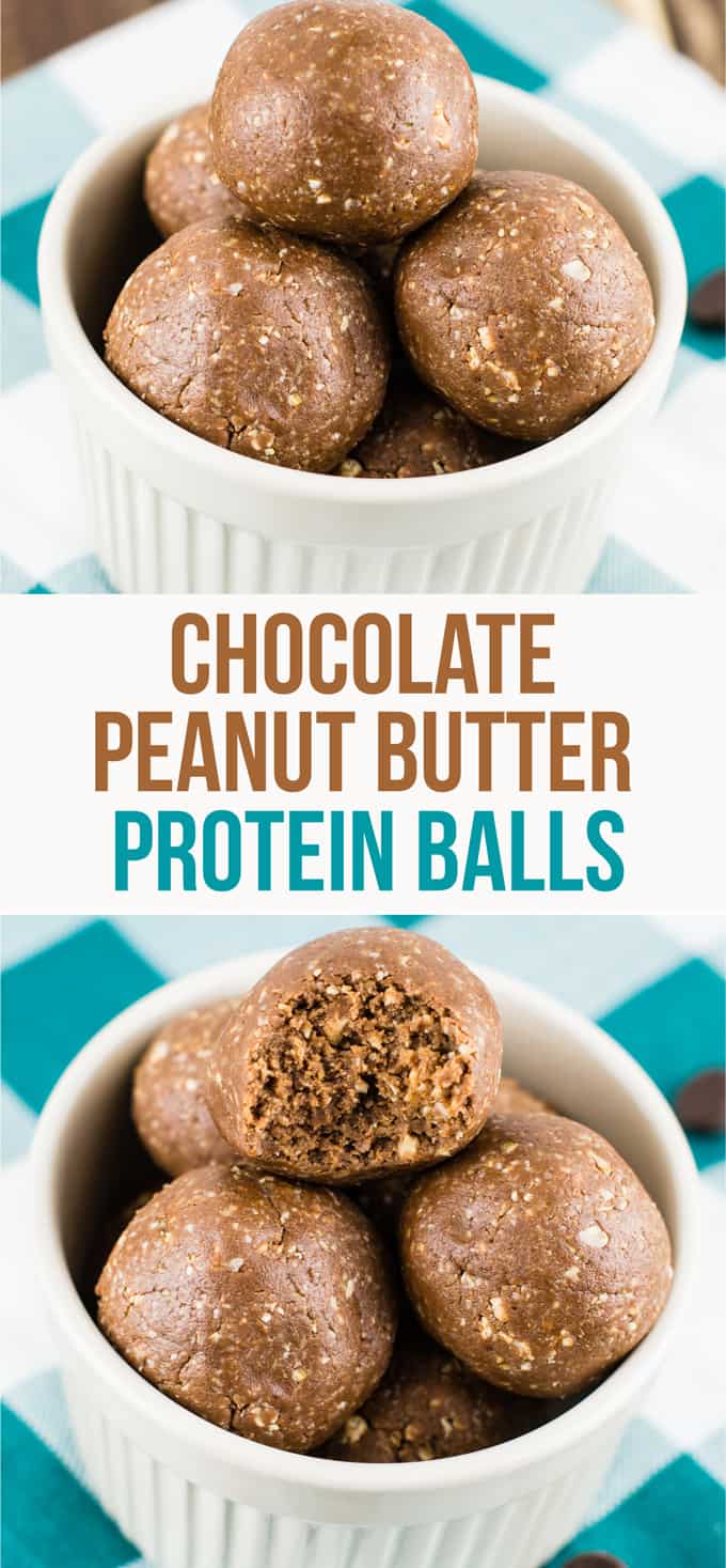 Healthy chocolate peanut butter protein balls - perfect no bake dessert or snack! #nobake #proteinballs #chocolate #peanutbutter #dessert #snack #protein