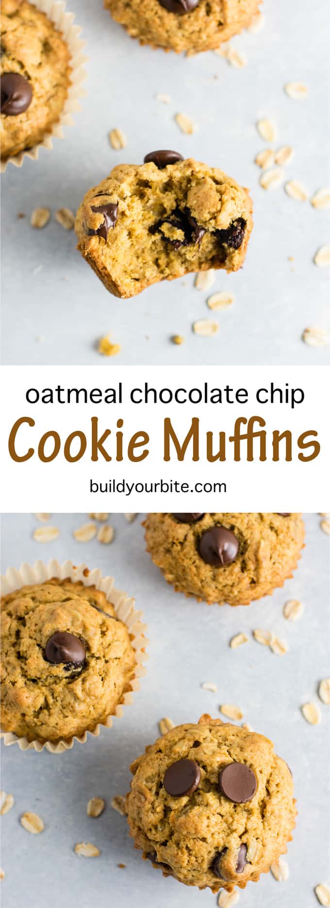 Oatmeal chocolate chip cookie muffins - breakfast that tastes like dessert! #chocolatechipmuffins #healthy #breakfast #wholewheat #oatmealchocolatechip