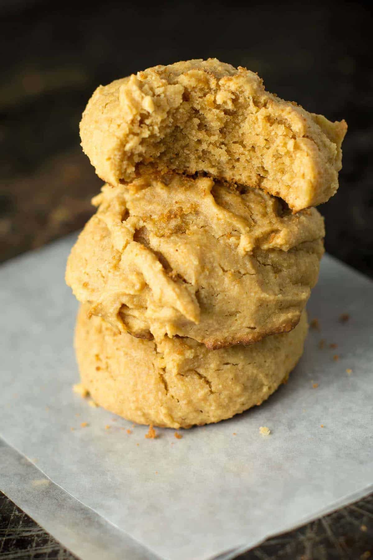 Perfect fluffy peanut butter cookies are an easy gluten free and wholesome dessert. Made with coconut flour, naturally sweetened and made in just one bowl. 