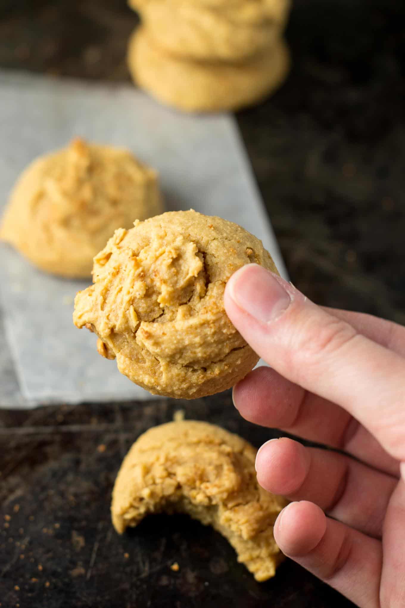 Perfect fluffy peanut butter cookies are an easy gluten free and wholesome dessert. Made with coconut flour, naturally sweetened and made in just one bowl. 