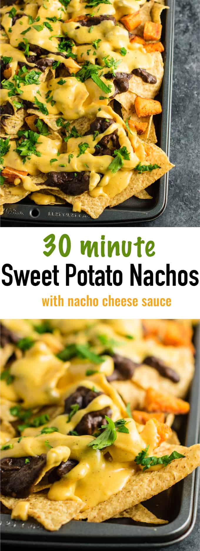 30 minute sweet potato refried bean nachos with homemade nacho cheese sauce. This is our go to Mexican meal! #30minute #vegetarian #sweetpotatonachos #sweetpotato #glutenfree #nachocheesesauce