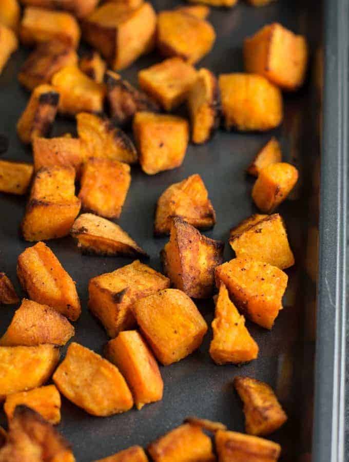 These easy roasted sweet potatoes are made with just 5 ingredients and ready in less than 30 minutes. Versatile enough to eat for any meal of the day!