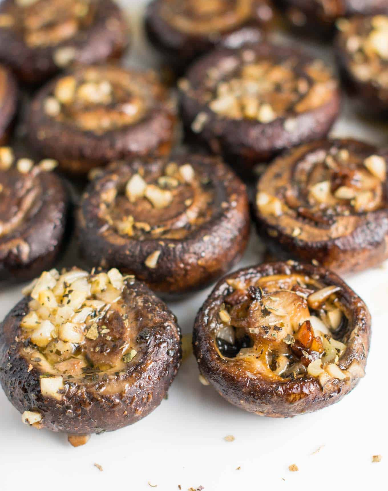 Easy roasted garlic butter mushrooms recipe - a delicious and addictive dairy free side dish or appetizer that will disappear in minutes!