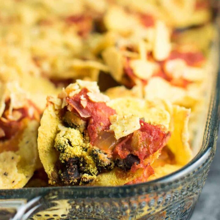 Easy Vegan Taco Bake Recipes - ready for the oven in just 5 minutes! This will be your new go to dinner for busy weeknights!