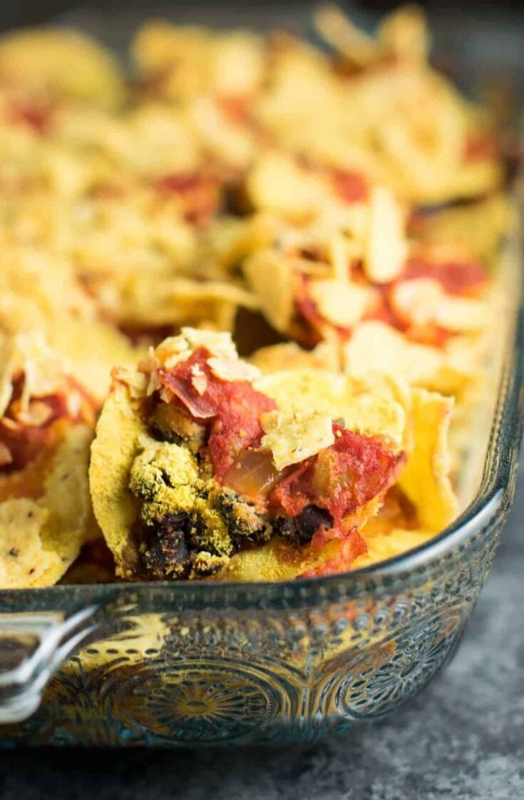 Easy Vegan Taco Bake Recipes - ready for the oven in just 5 minutes! This will be your new go to dinner for busy weeknights!