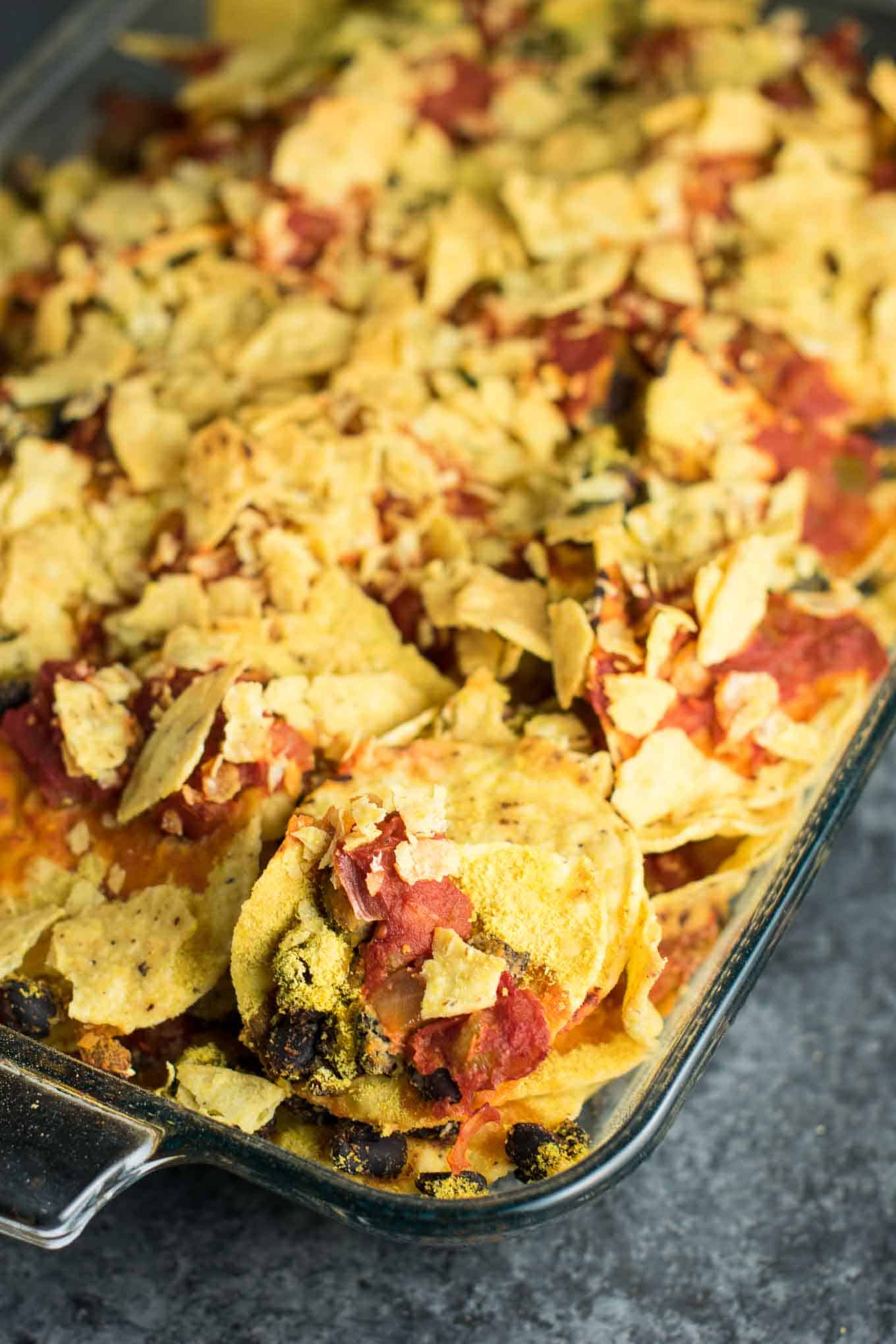 Easy Vegan Taco Bake Recipes - ready for the oven in just 5 minutes! This will be your new go to dinner for busy weeknights!