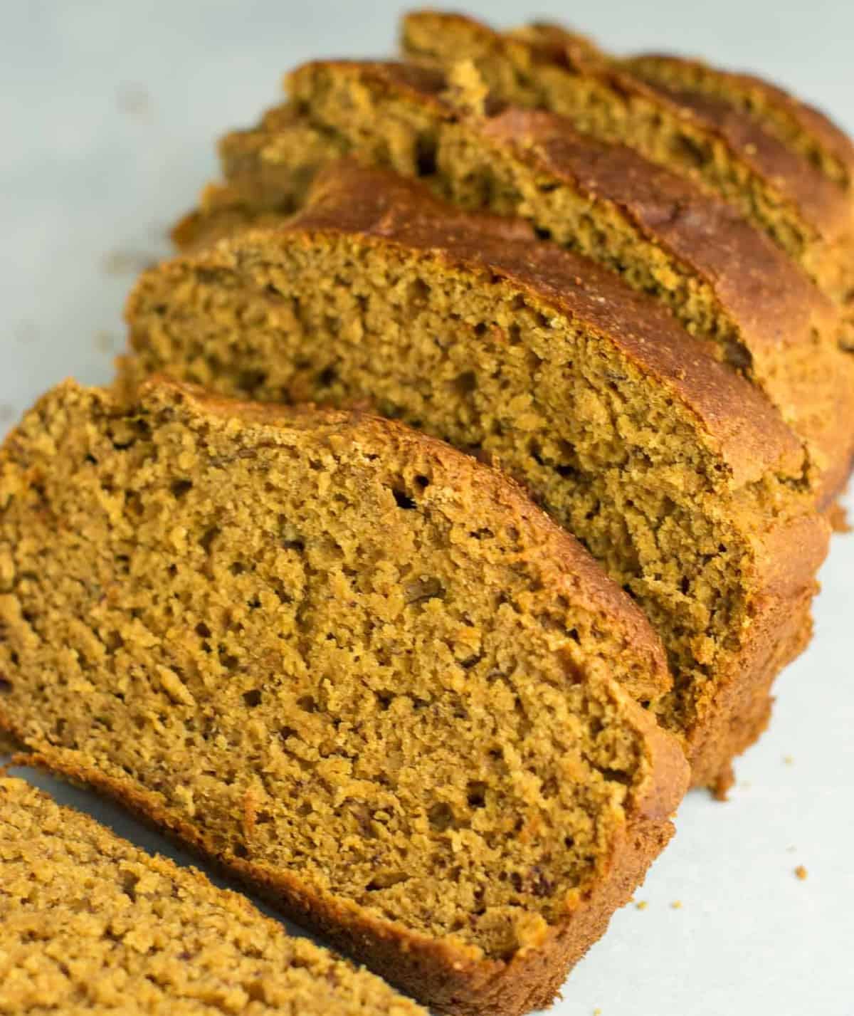 slices pumpkin bread resting on each other