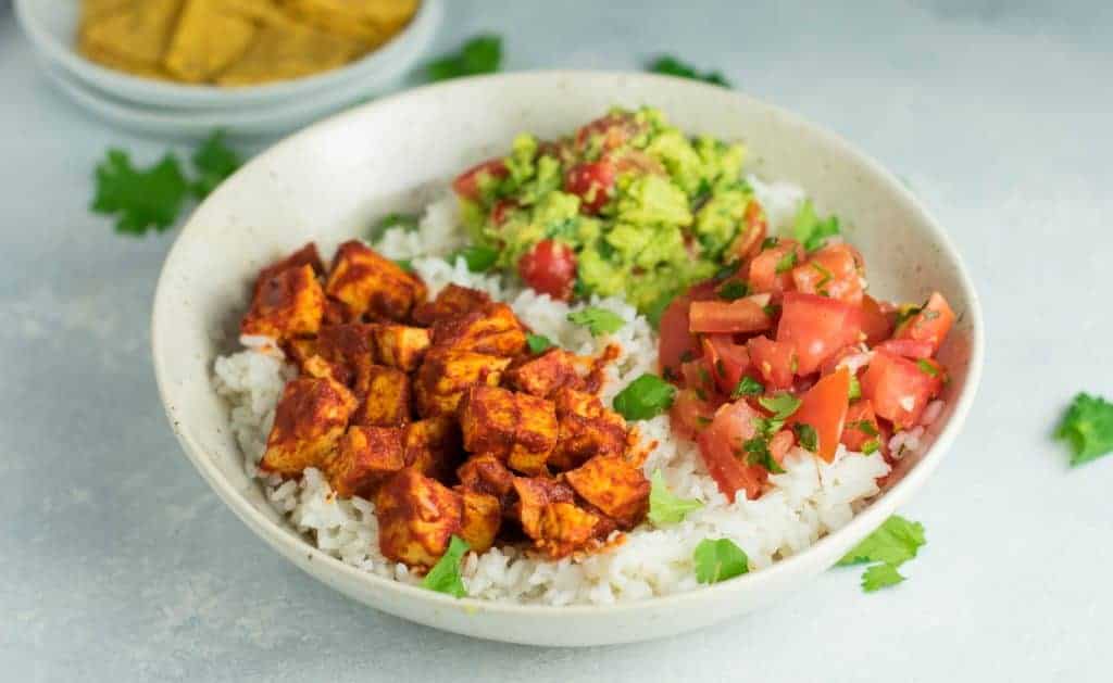 Easy Enchilada Tofu Burrito Bowls w/ homemade guacamole and salsa