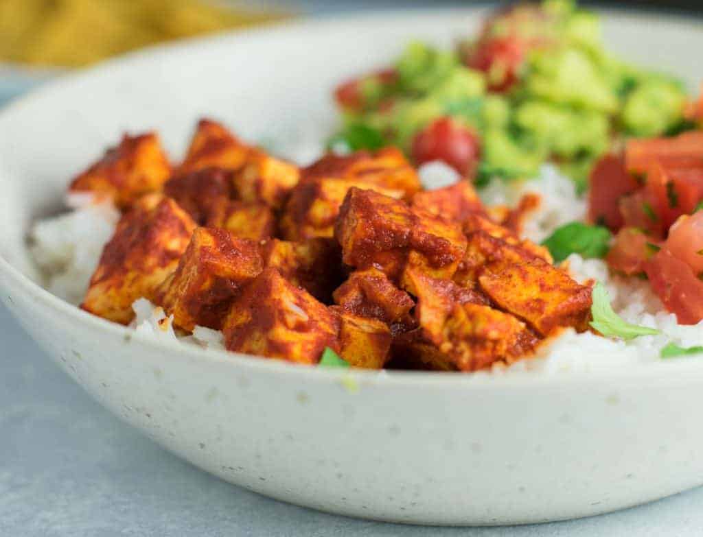 Easy Enchilada Tofu Burrito Bowls w/ homemade guacamole and salsa