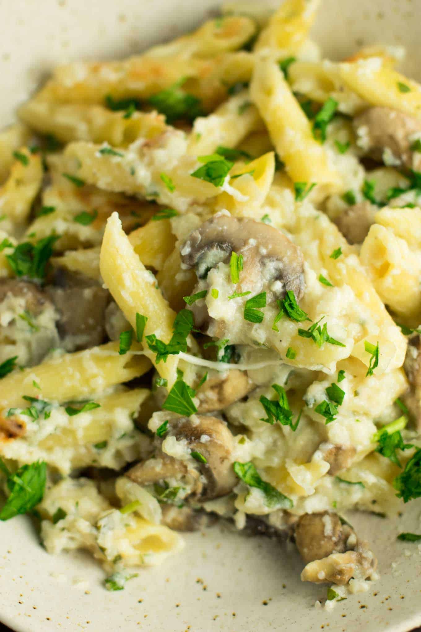 Mushroom cauliflower alfredo pasta bake recipe. A deliciously indulgent pasta bake lightened up with a homemade creamy cauliflower sauce. #caulifloweralfredo #vegetarian #pasta #dinner