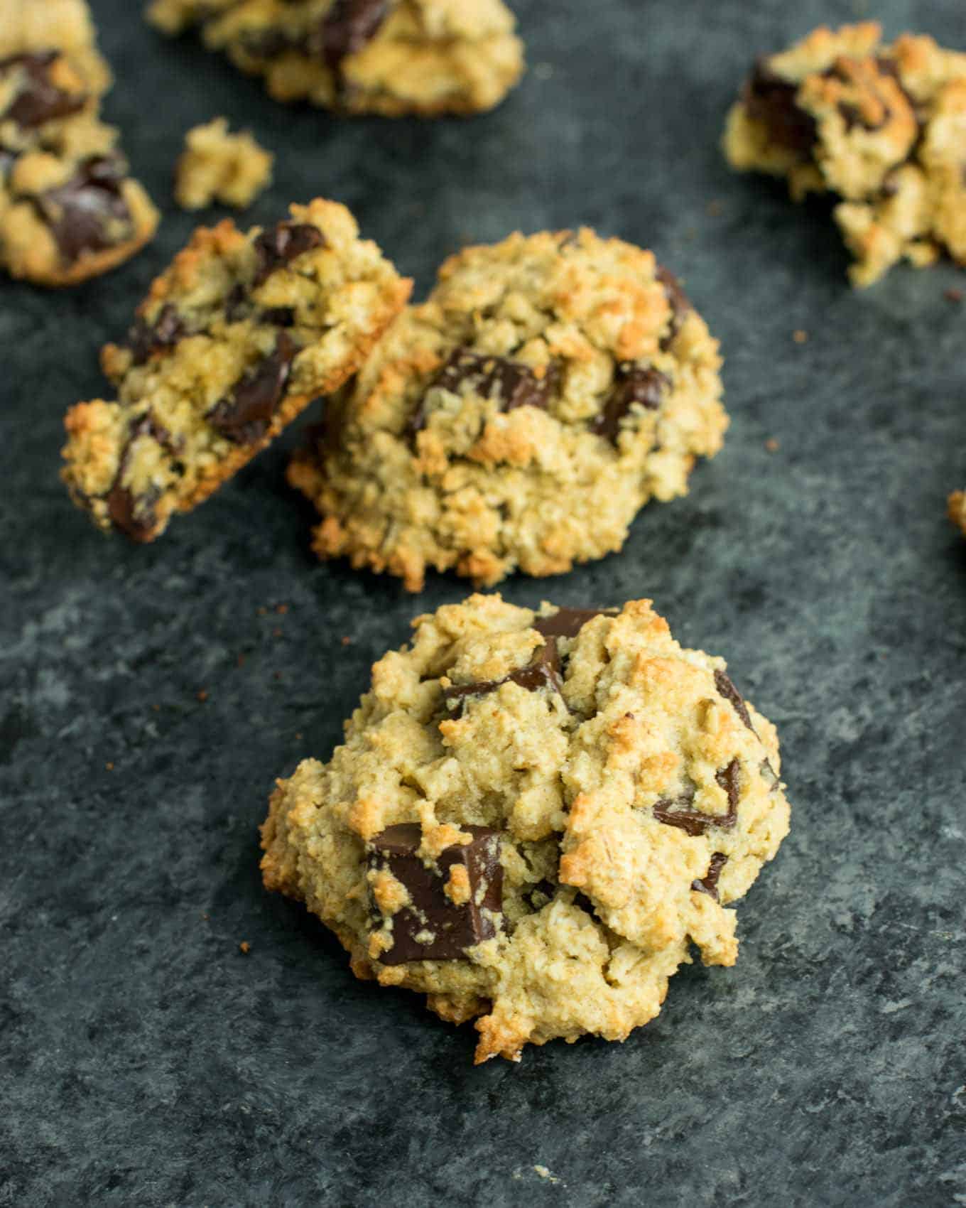 Gluten Free Oatmeal Chocolate Chip Cookies recipe made with oat flour and coconut flour. An easy, healthy, and delicious cookie recipe made using easy to find and inexpensive gluten free flours. #glutenfree #oatmealchocolatechip #healthy #cookies