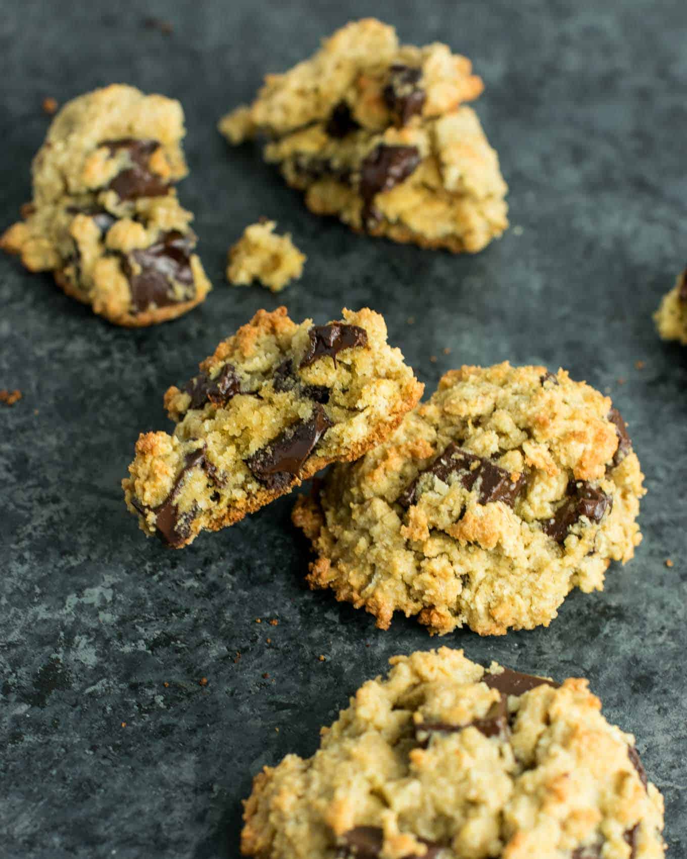 Gluten Free Oatmeal Chocolate Chip Cookies recipe made with oat flour and coconut flour. An easy, healthy, and delicious cookie recipe made using easy to find and inexpensive gluten free flours. #glutenfree #oatmealchocolatechip #healthy #cookies