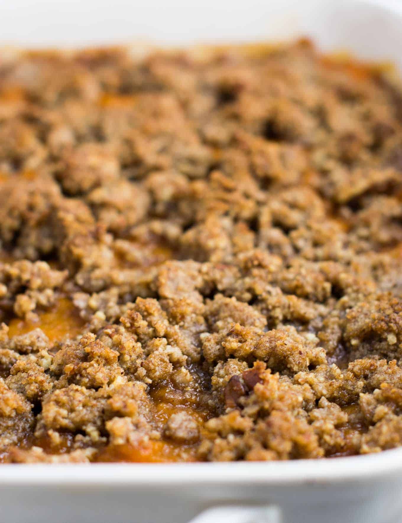 Gluten free sweet potato casserole with pecan crumble