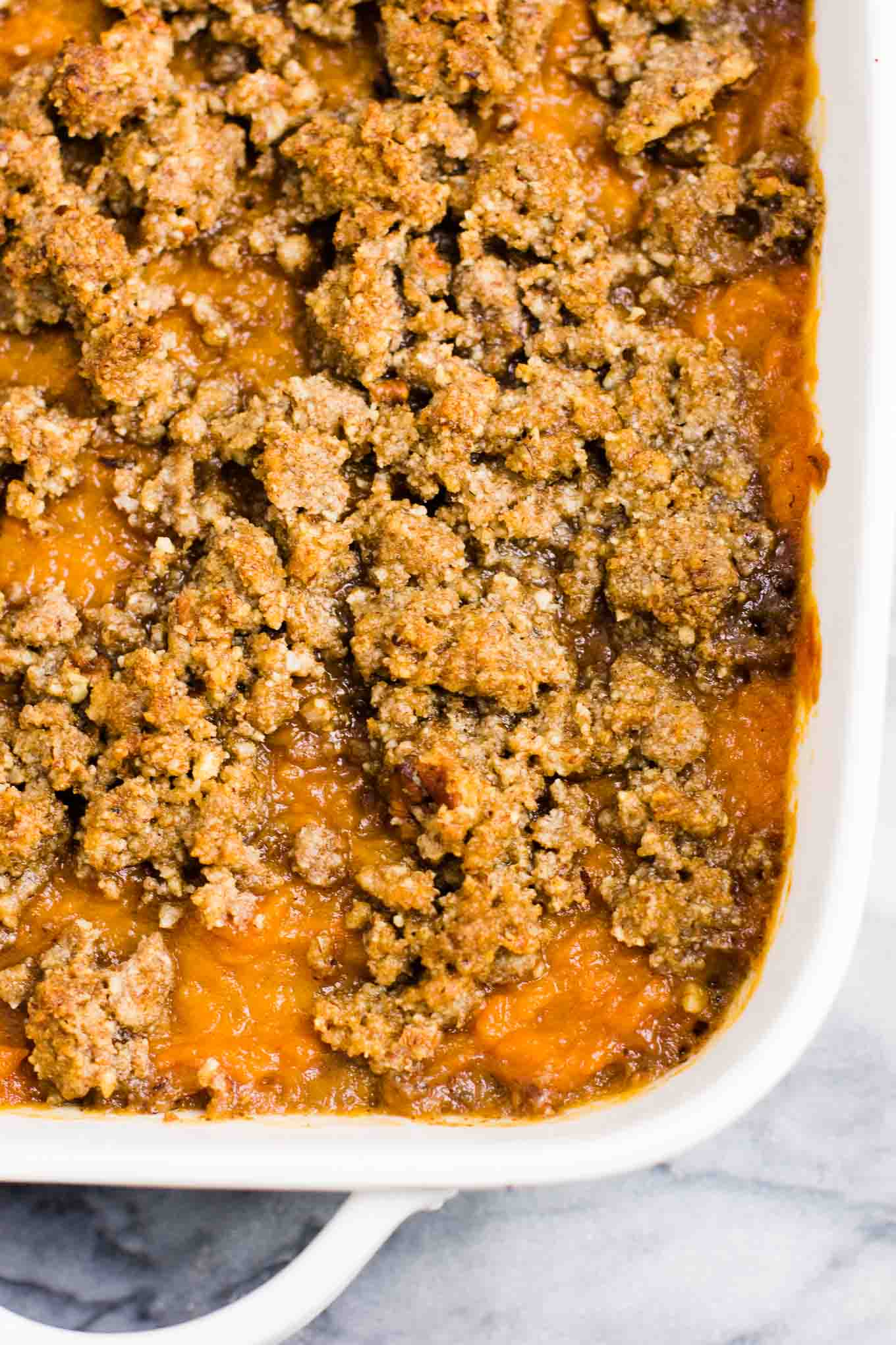 Gluten free sweet potato casserole with pecan crumble