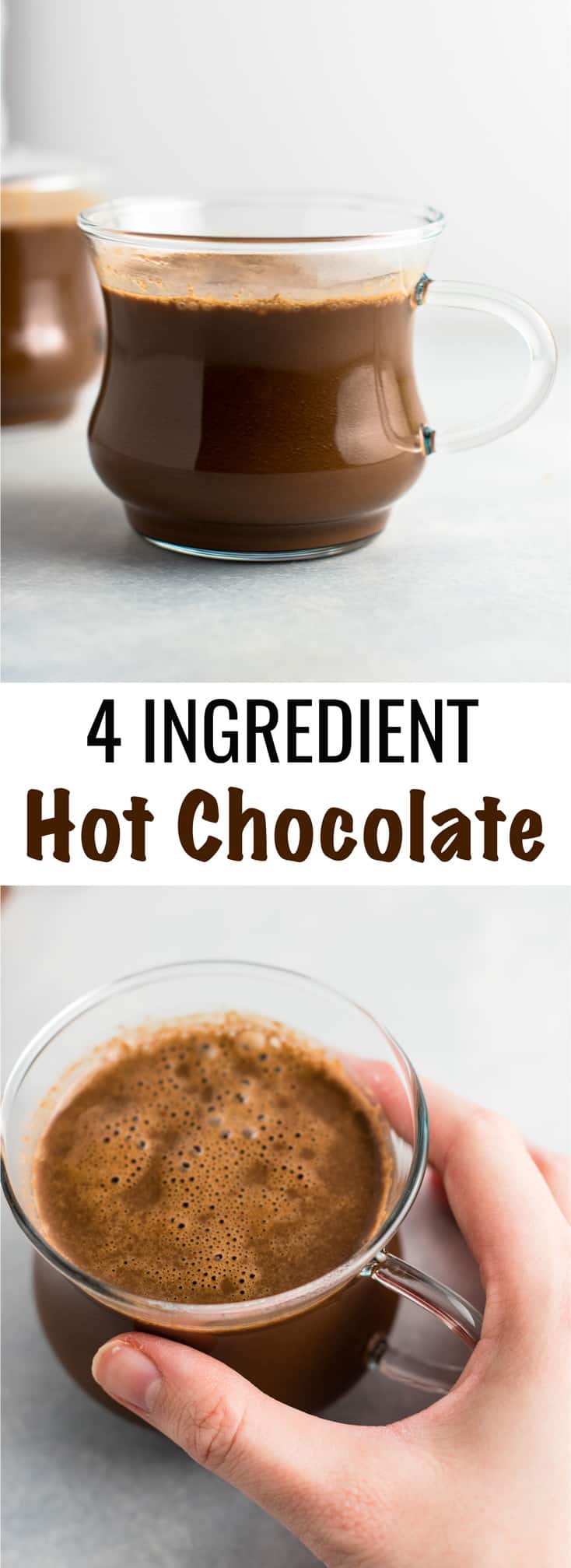 Easy 4 Ingredient vegan hot chocolate recipe made with almond milk. Dairy free, gluten free, and vegan. The perfect cozy winter drink! #vegan #hotchocolate #drinks #christmas #dairyfree 