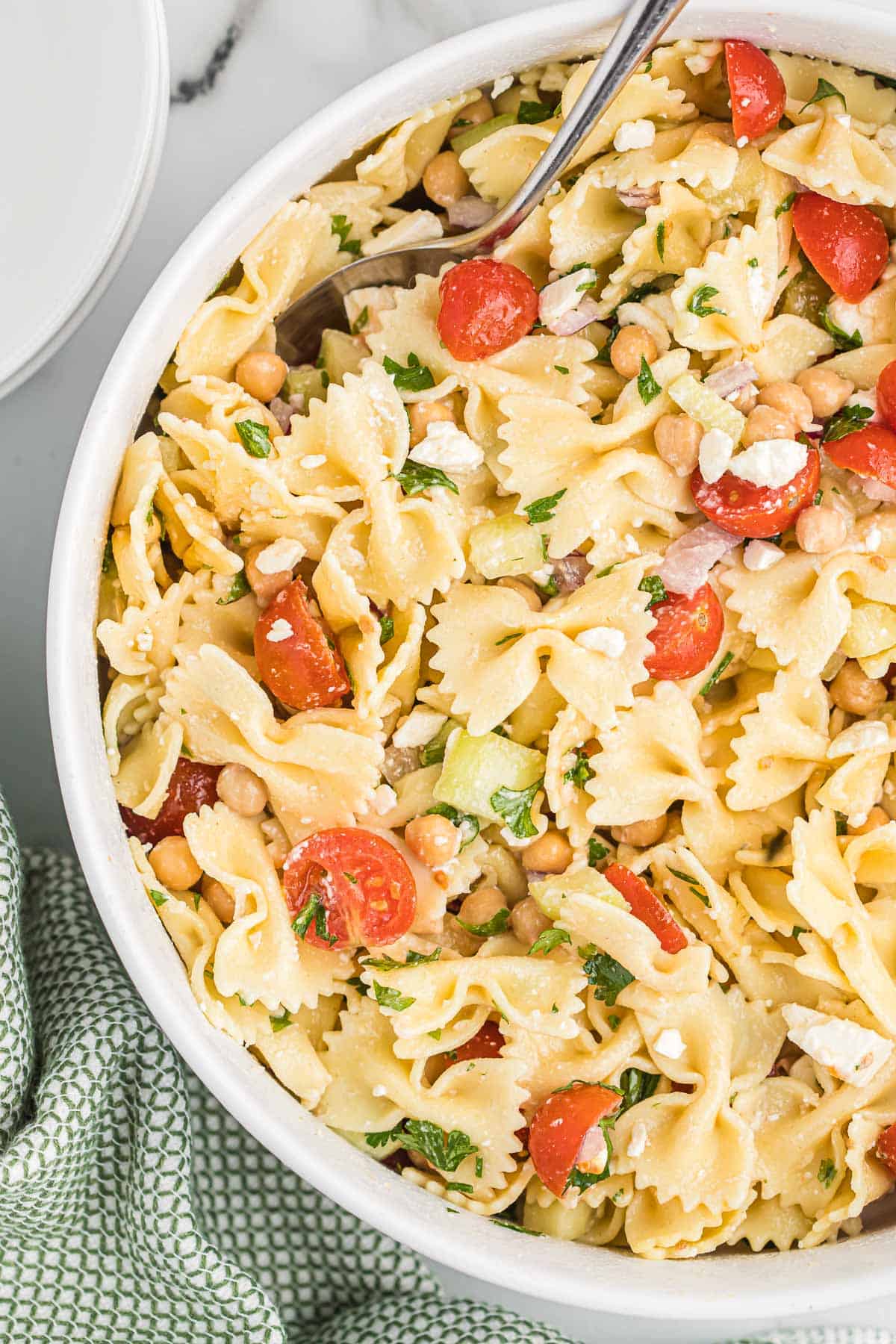 chickpea pasta salad in a bowl