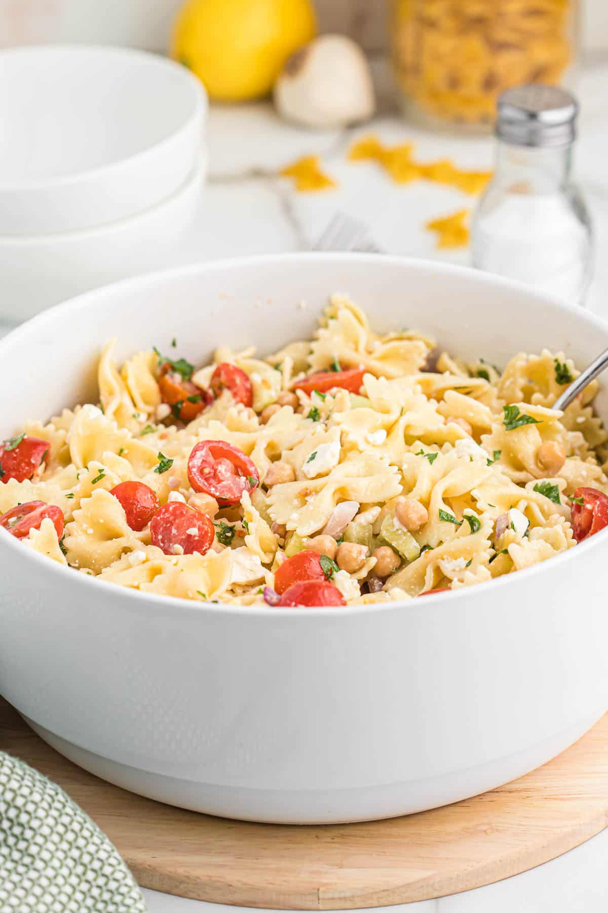 chickpea pasta salad in a bowl