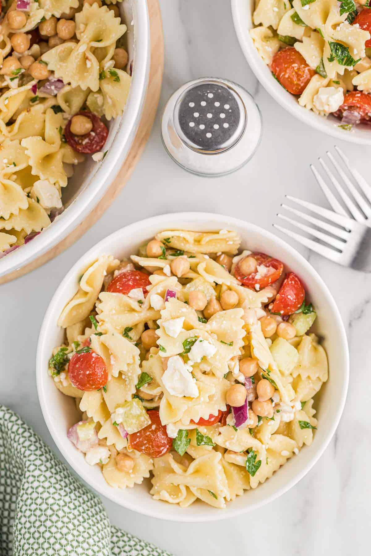 chickpea pasta salad in a bowl