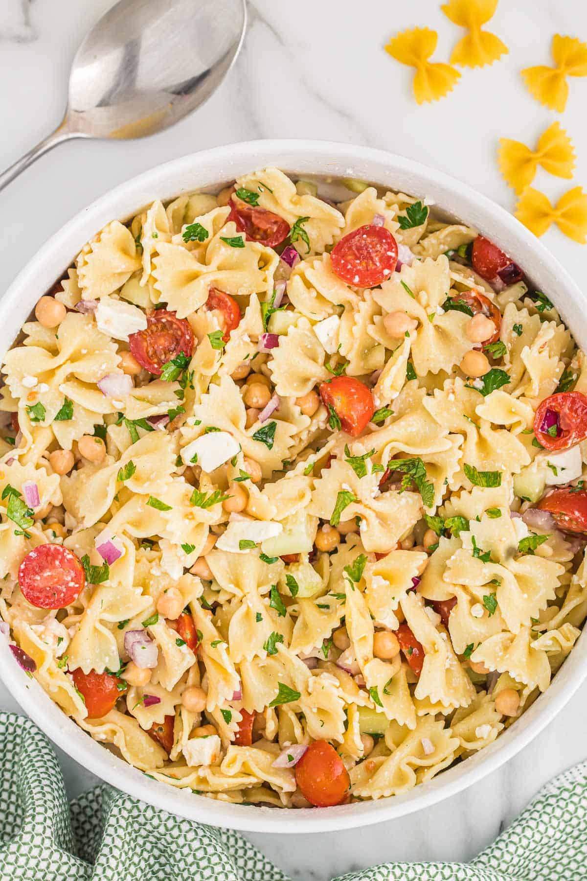 chickpea pasta salad in a bowl