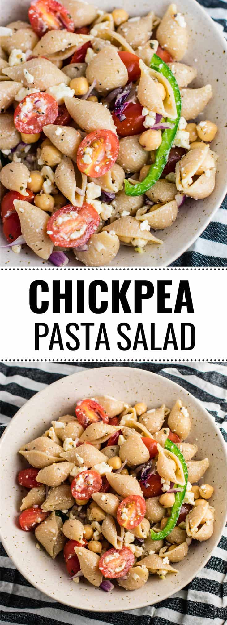 This Chickpea Pasta Salad with whole wheat pasta is an easy vegetarian pasta salad recipe. Perfect to take to parties, or as a healthy meal prep lunch. So addicting and full of good for you ingredients! #vegetarian #pastasalad #chickpea #feta #vegetarianpastasalad
