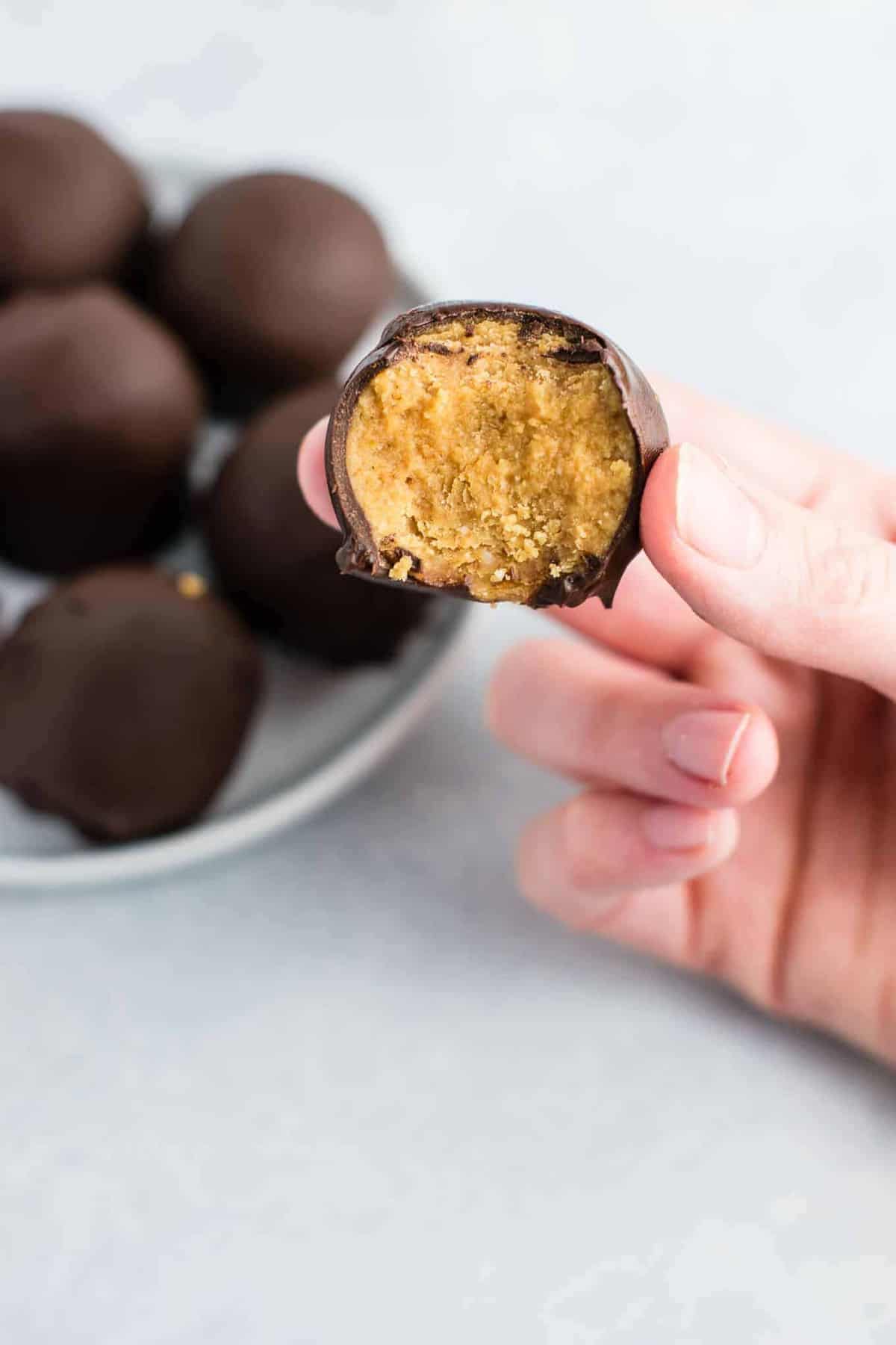 Healthy No Bake Peanut Butter Truffles recipe made with all vegan and gluten free ingredients. A healthier alternative without sacrificing flavor! NO ONE will guess this is a healthy recipe! #vegan #glutenfree #peanutbutter #nobake #dessert