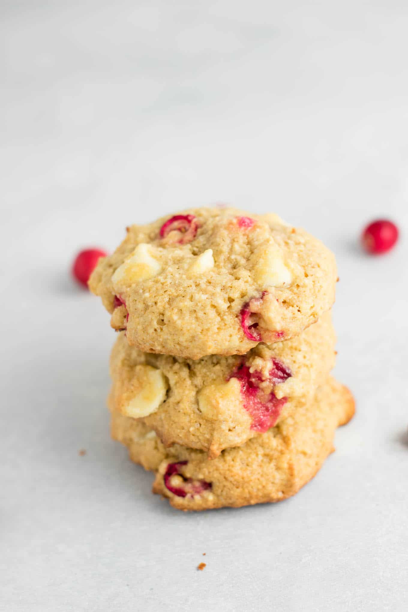 cranberry white chocolate chip cookies stacked