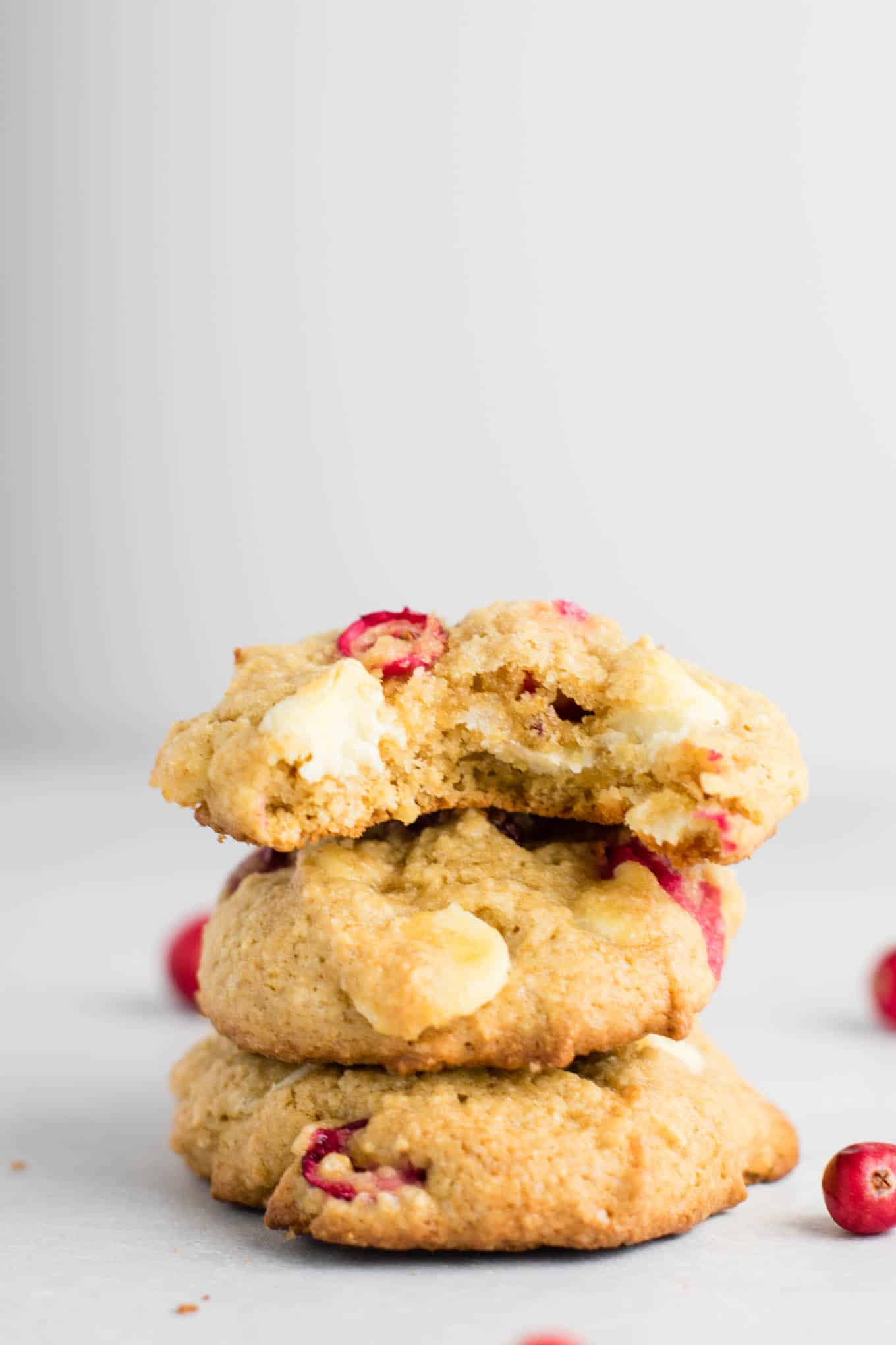 cranberry white chocolate chip cookies stacked