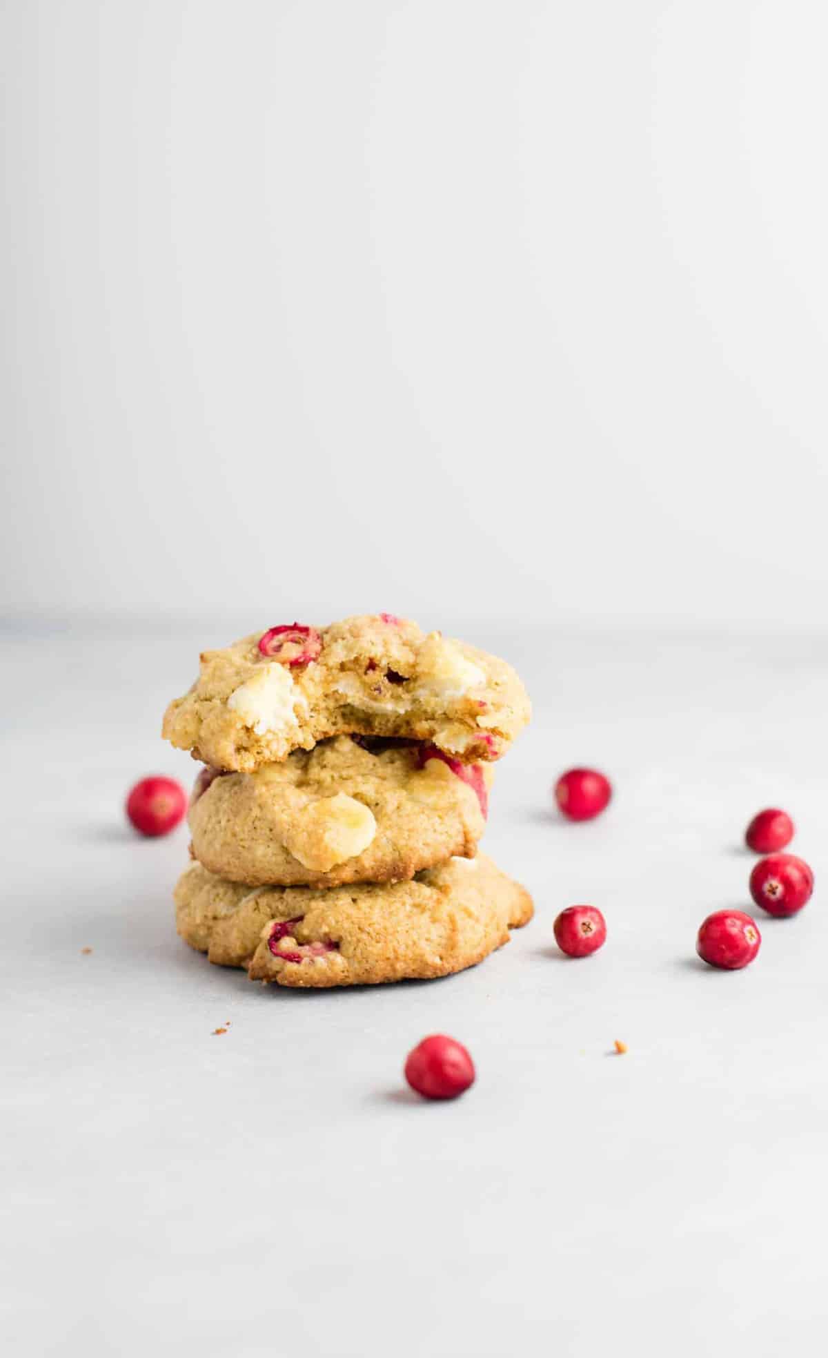 cranberry white chocolate chip cookies stacked