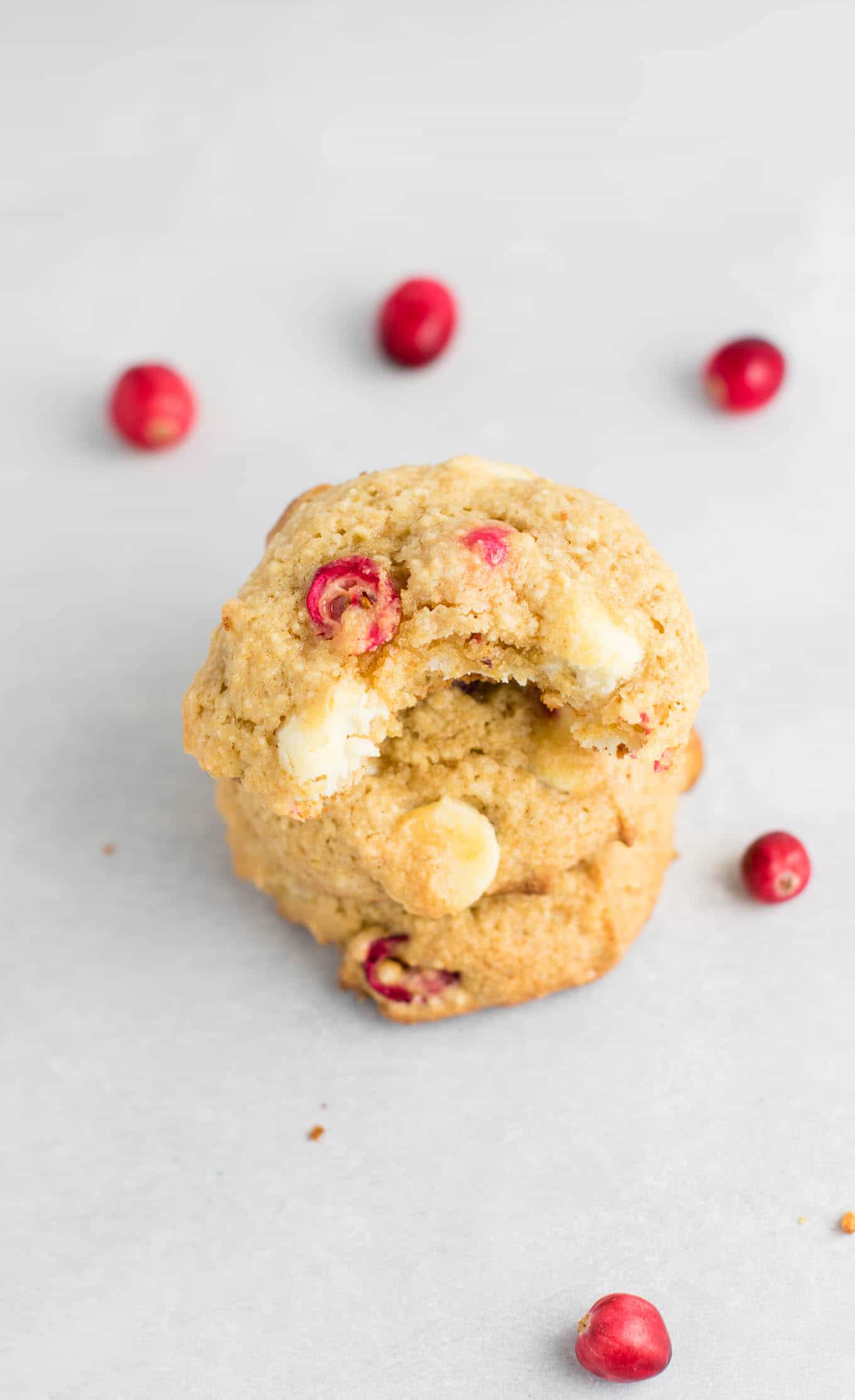 cranberry white chocolate chip cookies stacked