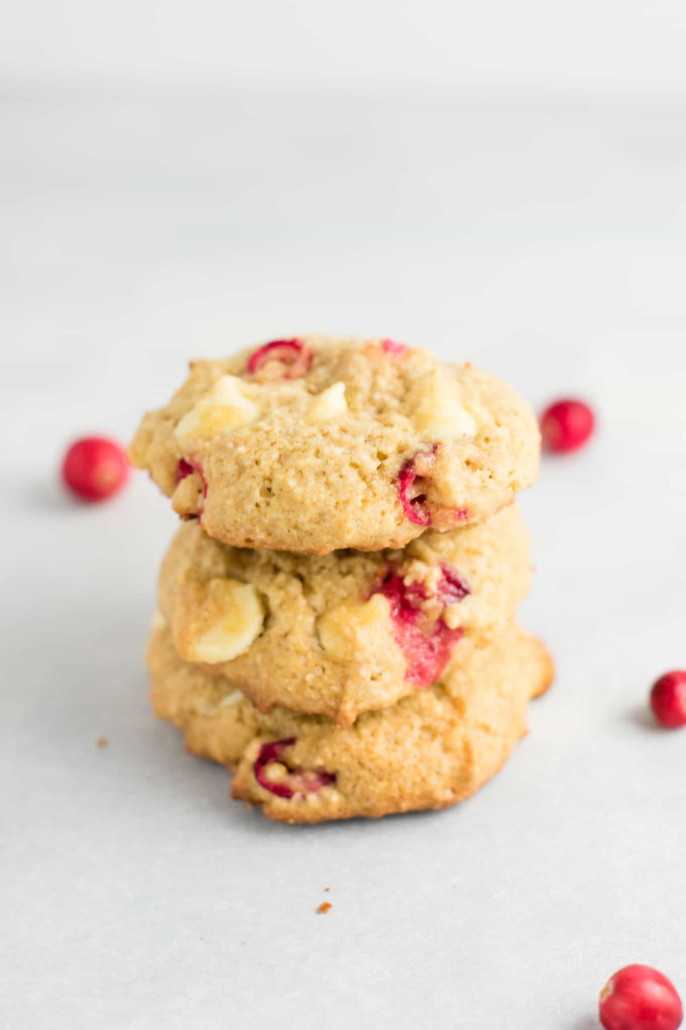 cranberry white chocolate chip cookies stacked