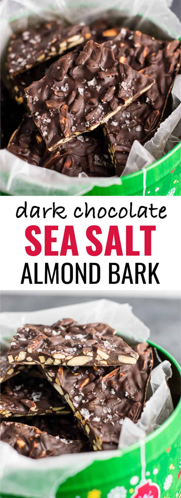 Dark Chocolate Almond bark with sea salt. A seriously addictive + easy to make dessert! (just 5 ingredients!) #vegan #almondbark #desserts #christmas #darkchocolate #healthy