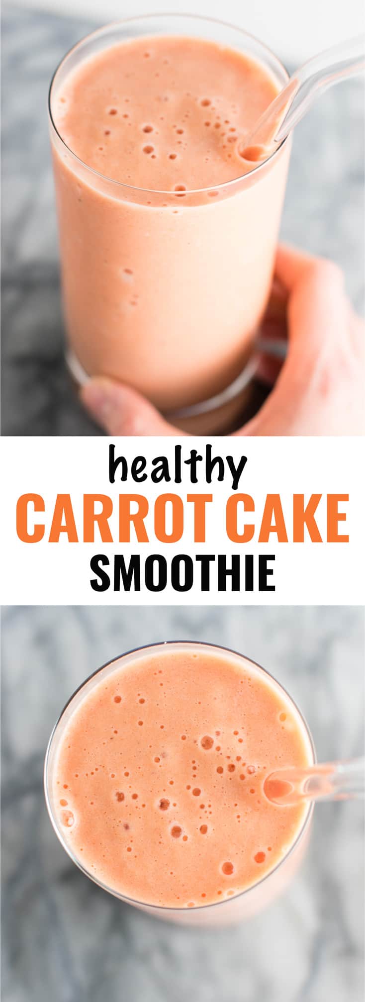 Healthy carrot cake smoothie recipe. Breakfast? Dessert? It can be either! Get your veggies in with this indulgently delicious smoothie! #carrotcakesmoothie #smoothie #greekyogurt #breakfast #dessert