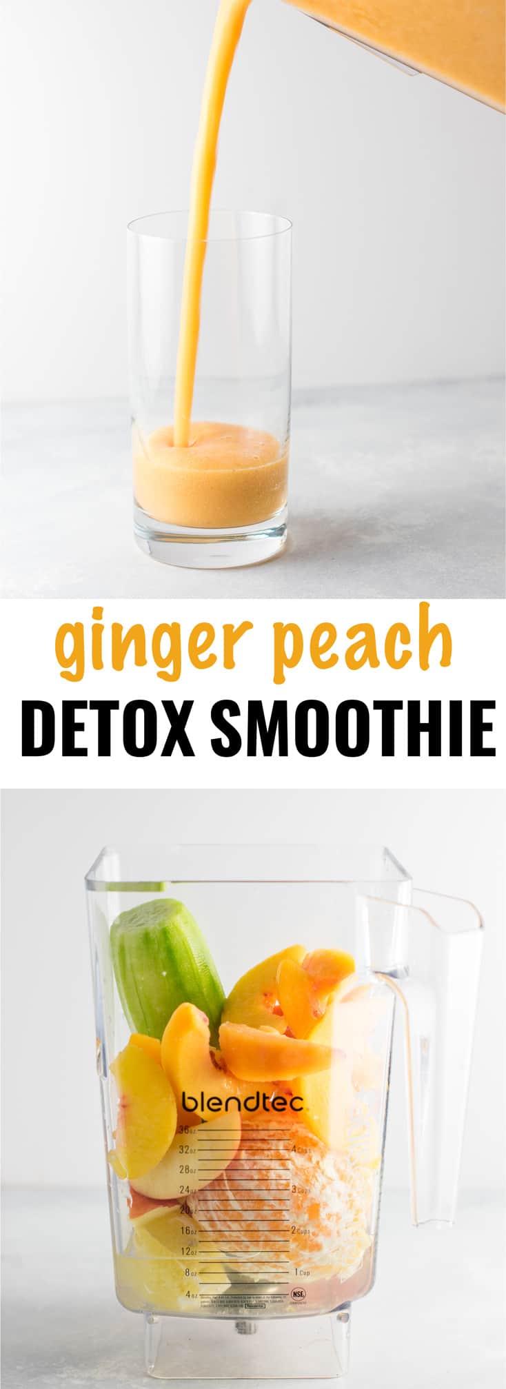 Ginger peach detox smoothie recipe with fresh cucumber and lemon. Packed full of healthy ingredients, naturally vegan, and so refreshing! #healthysmoothie #detoxsmoothie #gingerpeachsmoothie #vegan #smoothierecipes