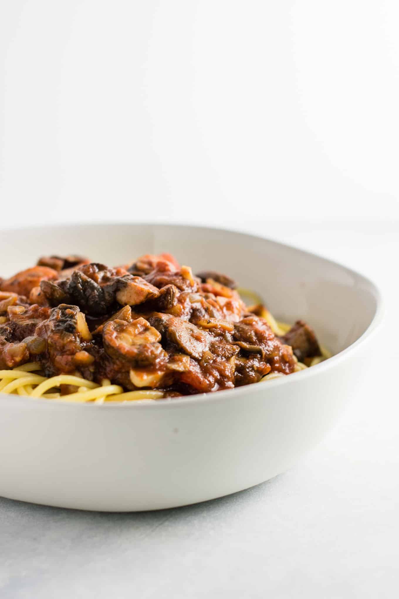 up close texture of the meatless mushroom pasta sauce