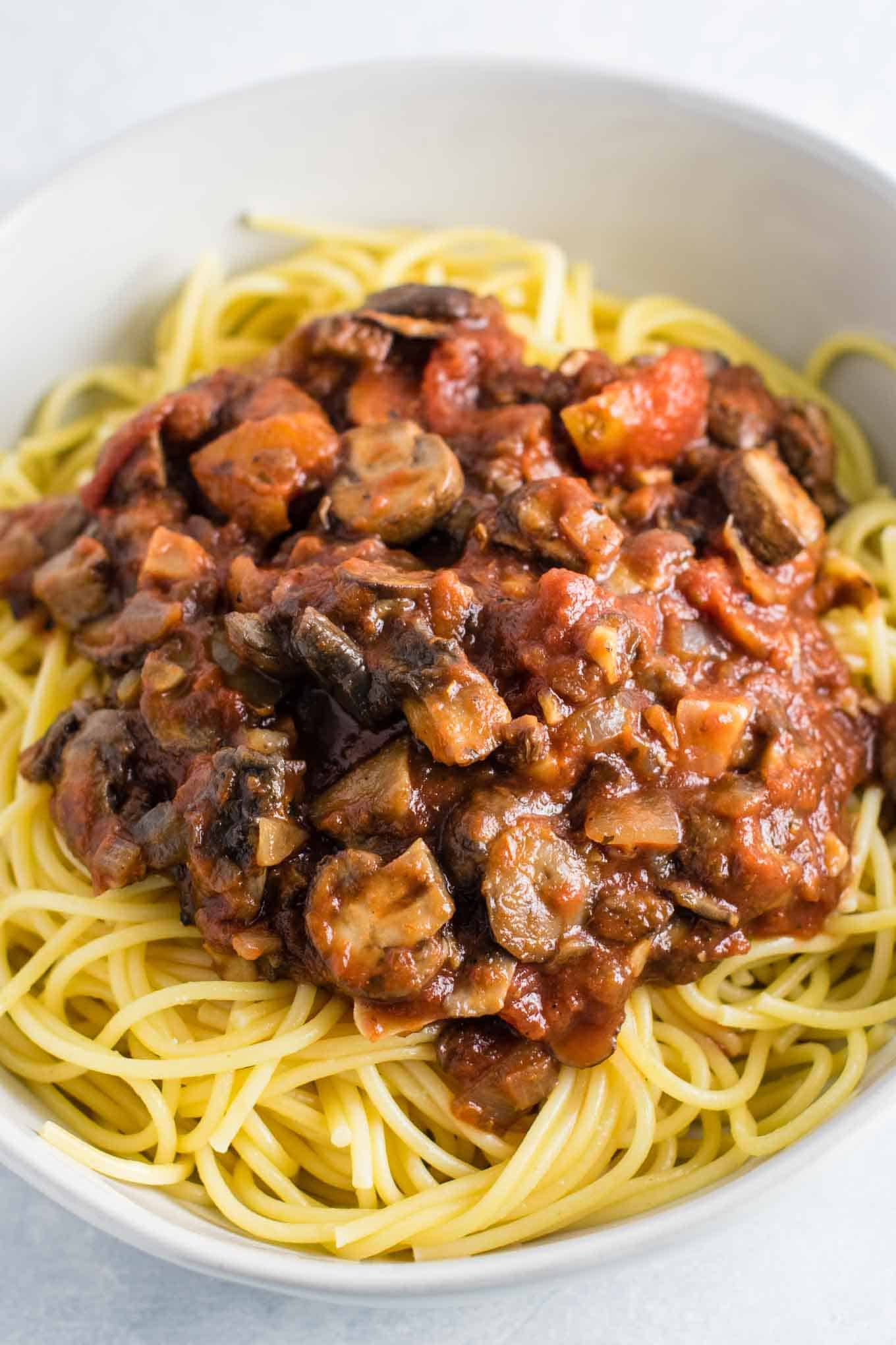 chunky mushroom pasta sauce over noodles